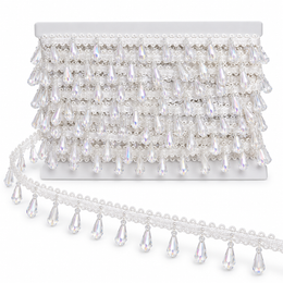 White Crystal-Style Teardrop Hanging Lace Border for Saree, Blouse & Dupatta – 9 Meter