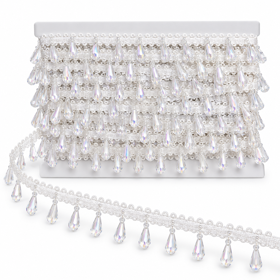 White Crystal-Style Teardrop Hanging Lace Border for Saree, Blouse & Dupatta – 9 Meter