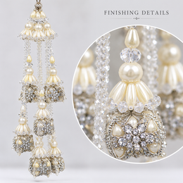 Ivory White Pearl & Silver Crystal Designer Latkan for Bridal Blouse & Lehenga Dori | 3 Layer Hanging Jhumka Tassels with Pearl & Kundan Style Beads – 1 Pair (2 Pieces)