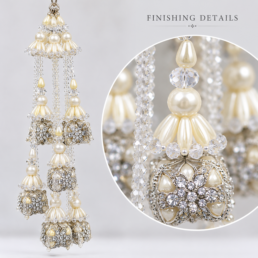 Ivory White Pearl & Silver Crystal Designer Latkan for Bridal Blouse & Lehenga Dori | 3 Layer Hanging Jhumka Tassels with Pearl & Kundan Style Beads – 1 Pair (2 Pieces)
