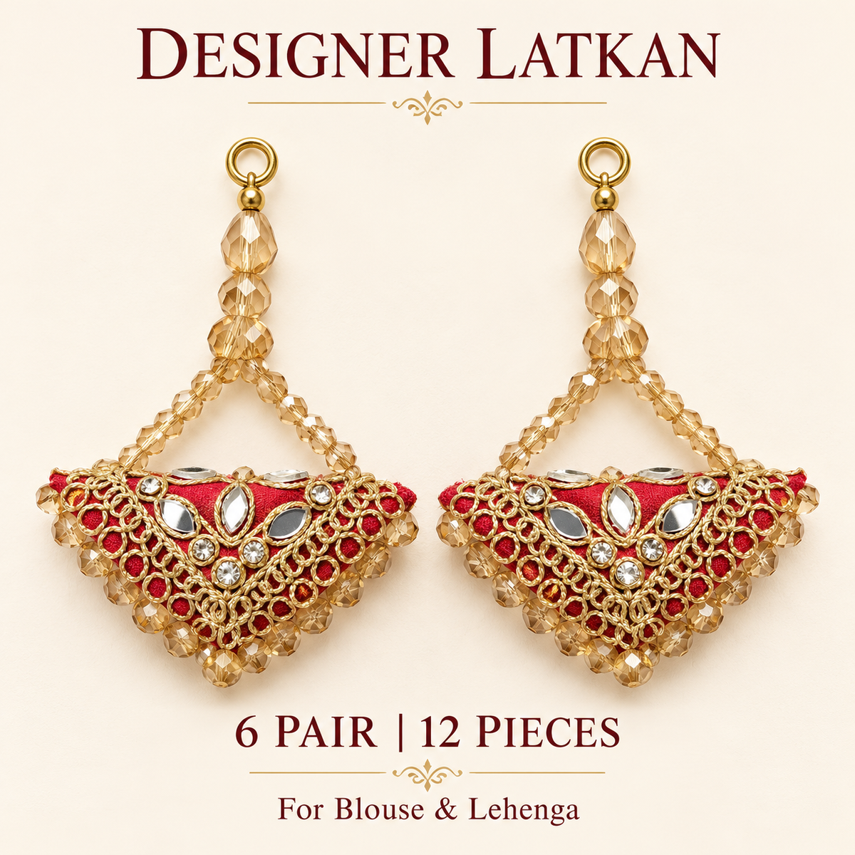 Red & Gold Designer Beaded Latkan for Blouse & Lehenga – 6 Pair (12 Pieces)