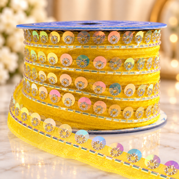 Yellow Sequin & Bead Work Decorative Lace Border for Saree, Blouse & Dupatta – Pack of 3 Rolls, 9 Meters Each