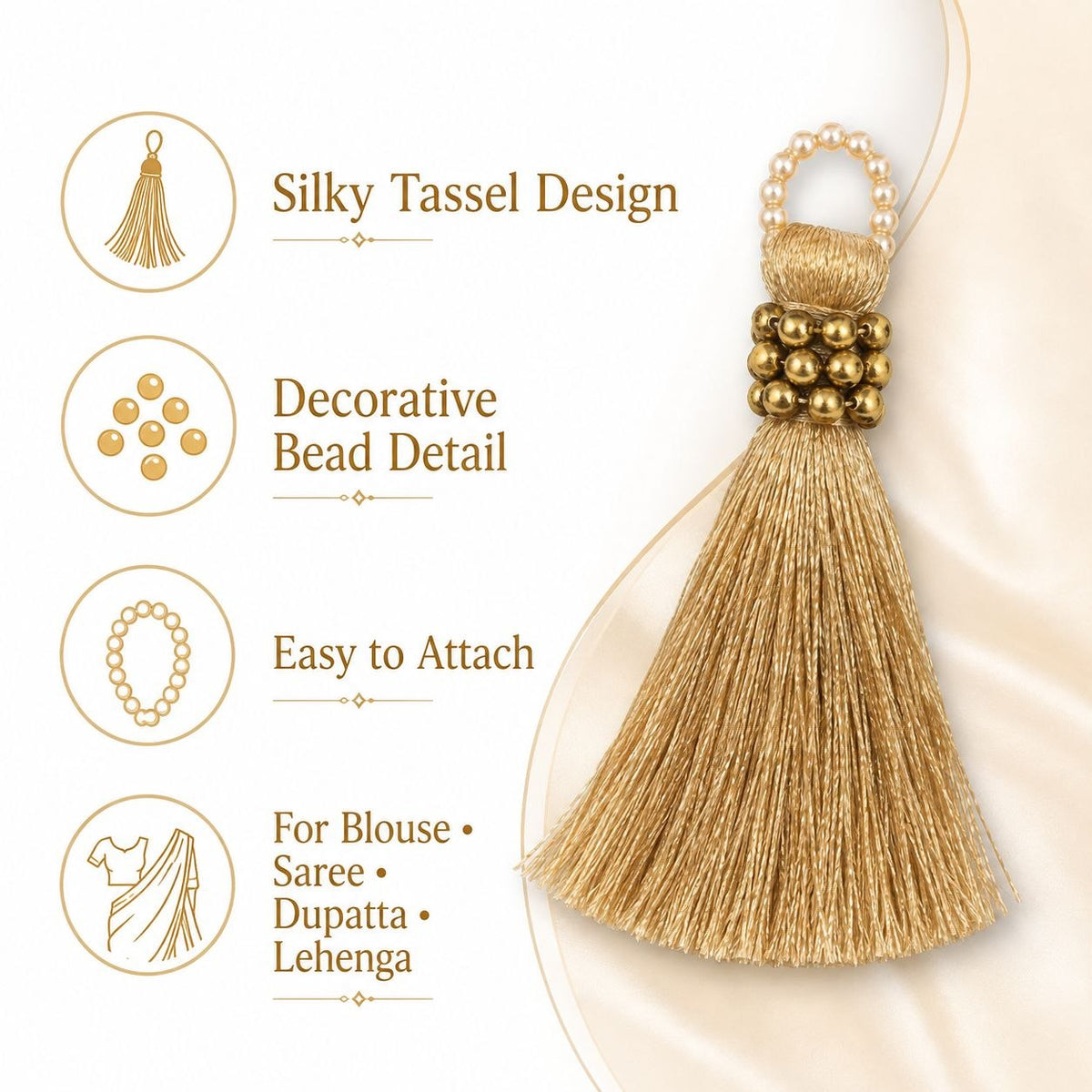 Premium Champagne Golden Silk Thread Tassel Latkan with Antique Gold Beads for Blouse, Saree, Lehenga & Dupatta – Designer Hanging Tassels