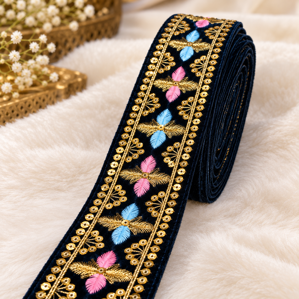 Premium Navy Blue Floral Embroidered Lace Border with Golden Zari & Sequin Work for Saree, Blouse, Dupatta, Lehenga & Kurti – 9 Meter
