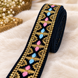 Premium Navy Blue Floral Embroidered Lace Border with Golden Zari & Sequin Work for Saree, Blouse, Dupatta, Lehenga & Kurti – 9 Meter