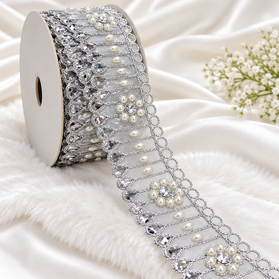 Premium Silver Pearl & Stone Work Floral Net Lace Border for Saree, Blouse, Dupatta & Lehenga