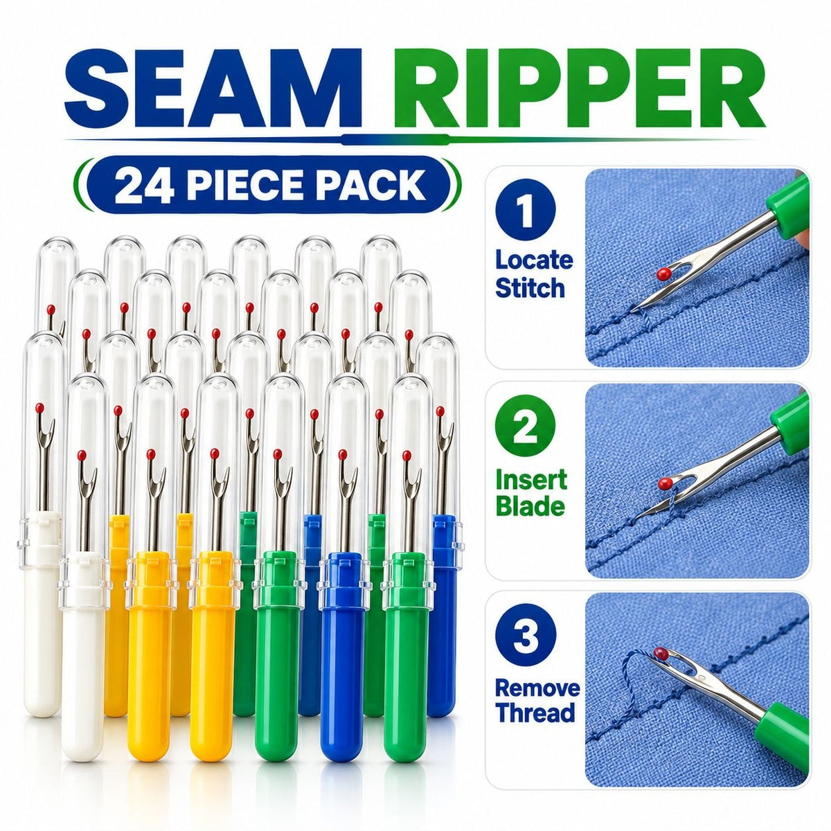 Seam Ripper Thread Cutter with Safety Cap – Multicolour, Pack of 24 Pieces