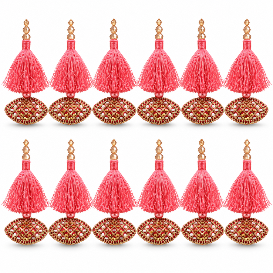 Coral Pink & Gold Decorative Tassel Latkan for Blouse & Lehenga – Pack of 12 Pieces, 6 Pairs