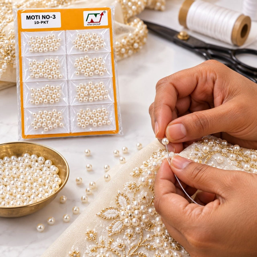 Moti No. 3 White Pearl Beads for Blouse, Latkan, Embroidery & Craft – Pack of 10 Packets