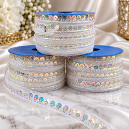 White Sequin & Bead Work Decorative Lace Border for Saree, Blouse & Dupatta – Pack of 3 Rolls, 9 Meters Each