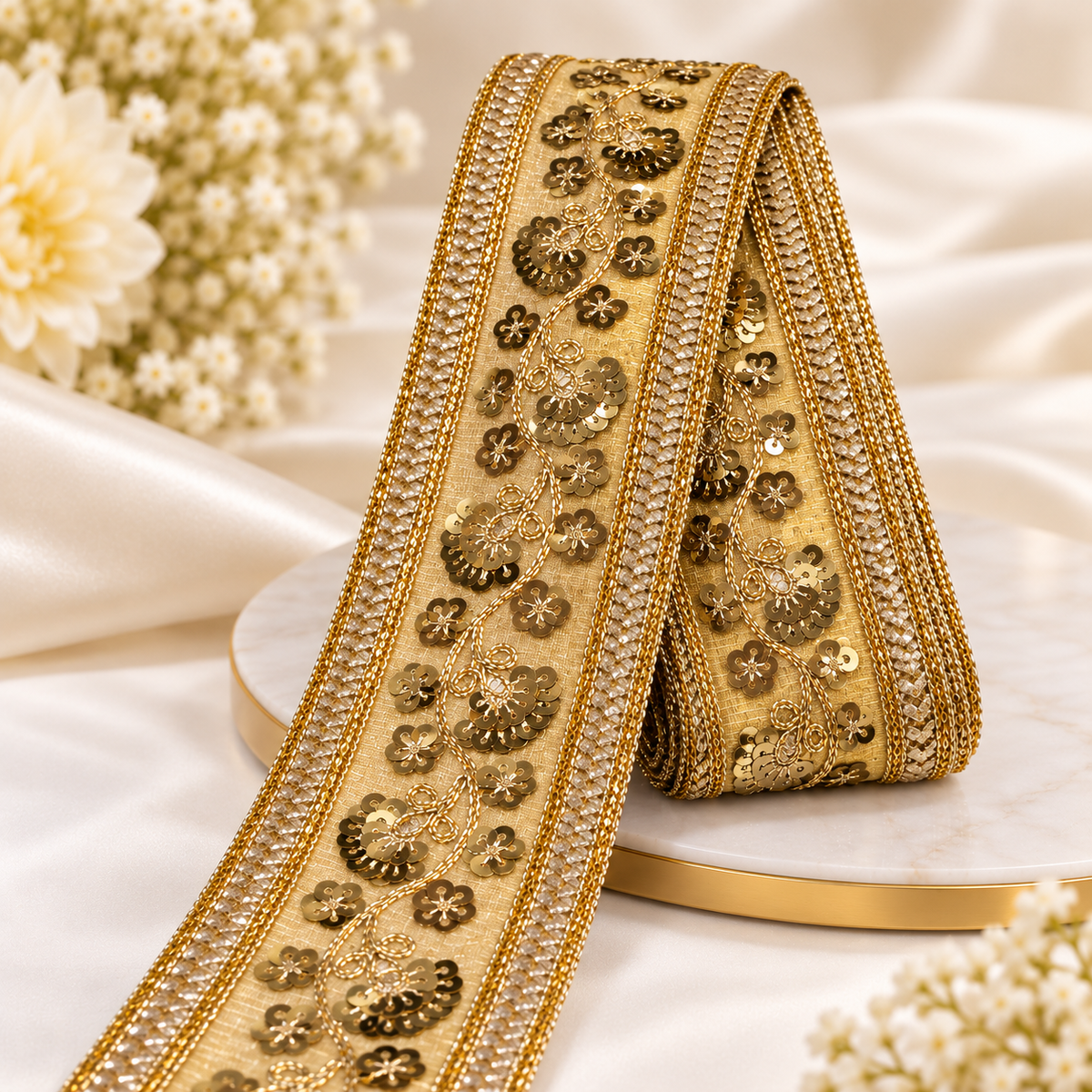 Premium Golden Floral Sequin Embroidered Lace Border with Crystal-Style Stone Work for Saree, Blouse, Dupatta, Lehenga & Kurti – 9 Meter