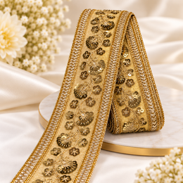 Premium Golden Floral Sequin Embroidered Lace Border with Crystal-Style Stone Work for Saree, Blouse, Dupatta, Lehenga & Kurti – 9 Meter