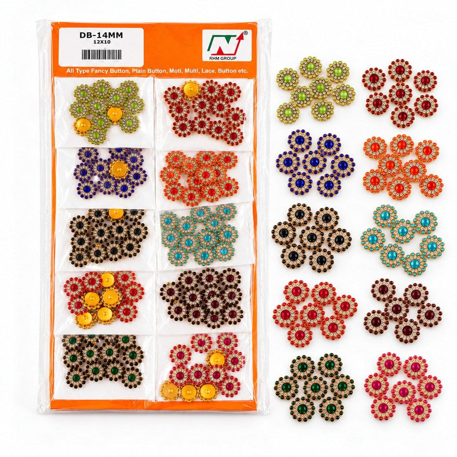 Decorative Fancy Stone Buttons for Blouse, Lehenga, Kurti & Dresses | 14 mm | Multicolor | Pack of 120 Pieces
