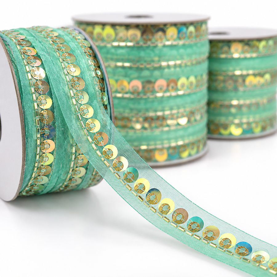 Mint Green Golden Sequin Saree Border Lace for Blouse, Dupatta and Dress