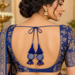 Royal Blue Mirror Work Designer Latkan for Blouse & Lehenga Dori | Silk Thread Tassels with Round Mirror Jali & Crystal Bead Hanging | Pack of 12 Pieces (6 Pairs)