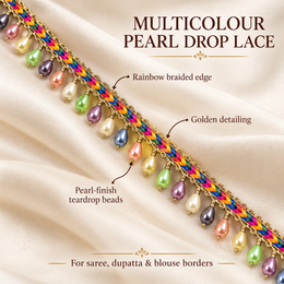 Multicolour Pearl Drop Hanging Lace Border – 9 Meter | Rainbow Braided Designer Moti Latkan Lace for Saree, Blouse, Dupatta & Lehenga