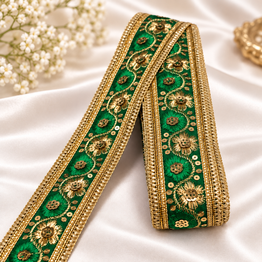 Premium Green & Gold Floral Embroidery Designer Lace Border with Sequin Work for Saree, Blouse, Lehenga, Dupatta & Bridal Wear – 9 Meter Roll