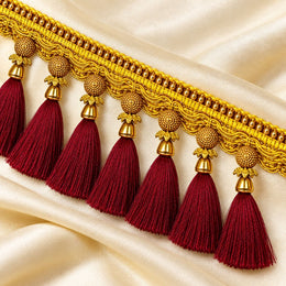 Premium Golden Saree Pallu Latkan Lace with Maroon Tassels – 1.25 Metre Designer Decorative Border