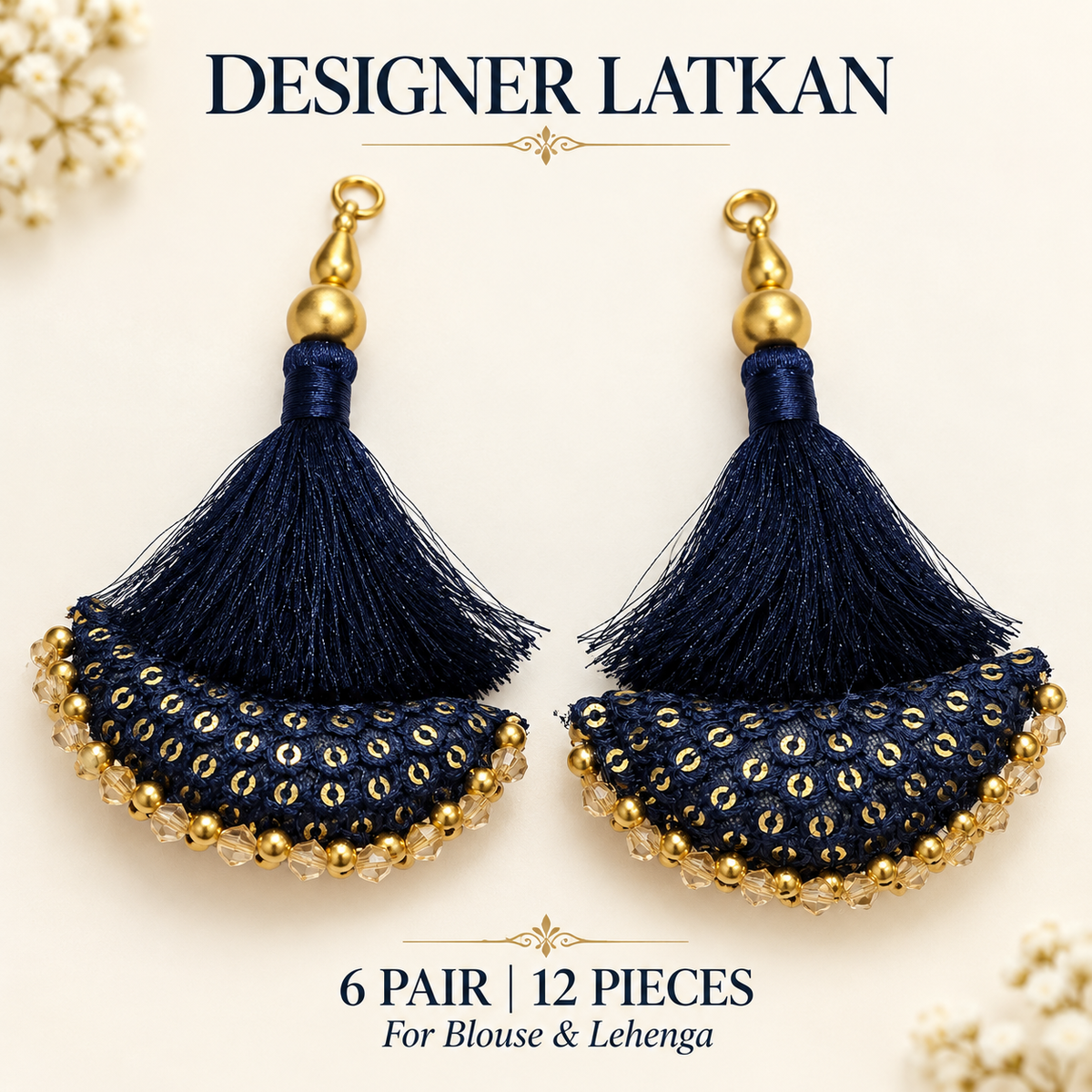 Designer Navy Blue Blouse & Lehenga Latkan with Golden Beads and Sequin Work – Pack of 12 Pieces (6 Pairs)