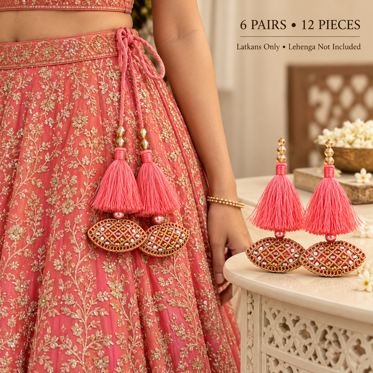 Coral Pink & Gold Decorative Tassel Latkan for Blouse & Lehenga – Pack of 12 Pieces, 6 Pairs
