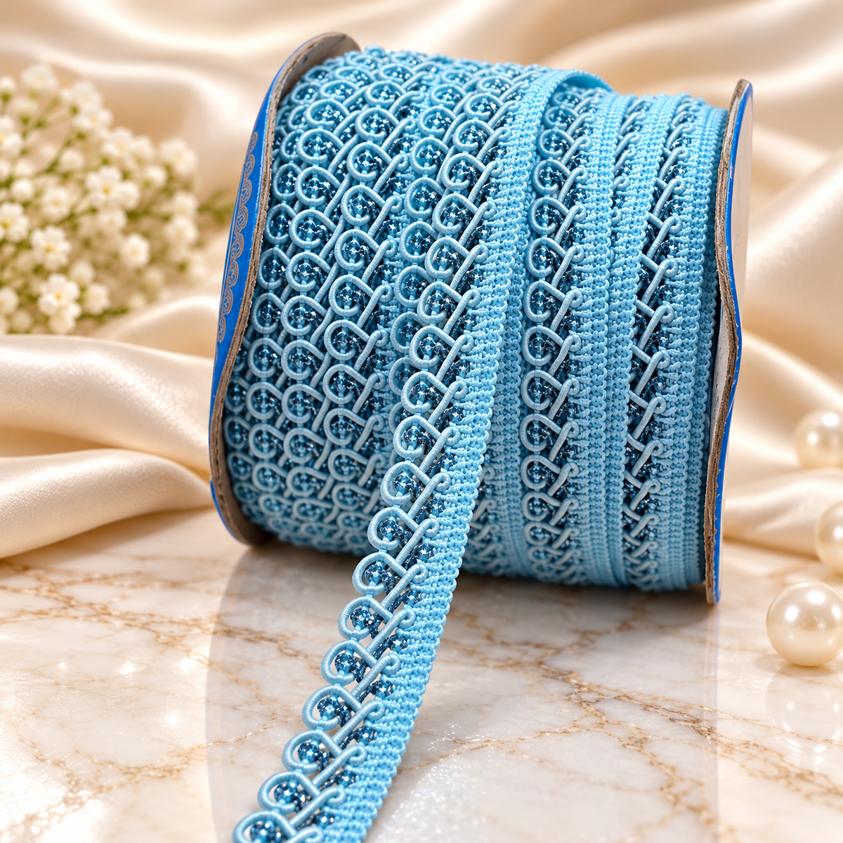 Sky Blue Designer Loop Lace Border 18 Meter | Embroidered Decorative Lace Trim for Kurti, Blouse, Saree, Dupatta & Dress | Pack of 2 Rolls