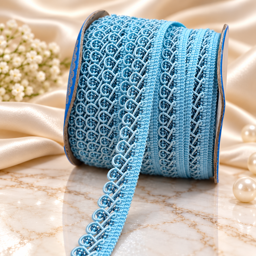 Sky Blue Designer Loop Lace Border 18 Meter | Embroidered Decorative Lace Trim for Kurti, Blouse, Saree, Dupatta & Dress | Pack of 2 Rolls