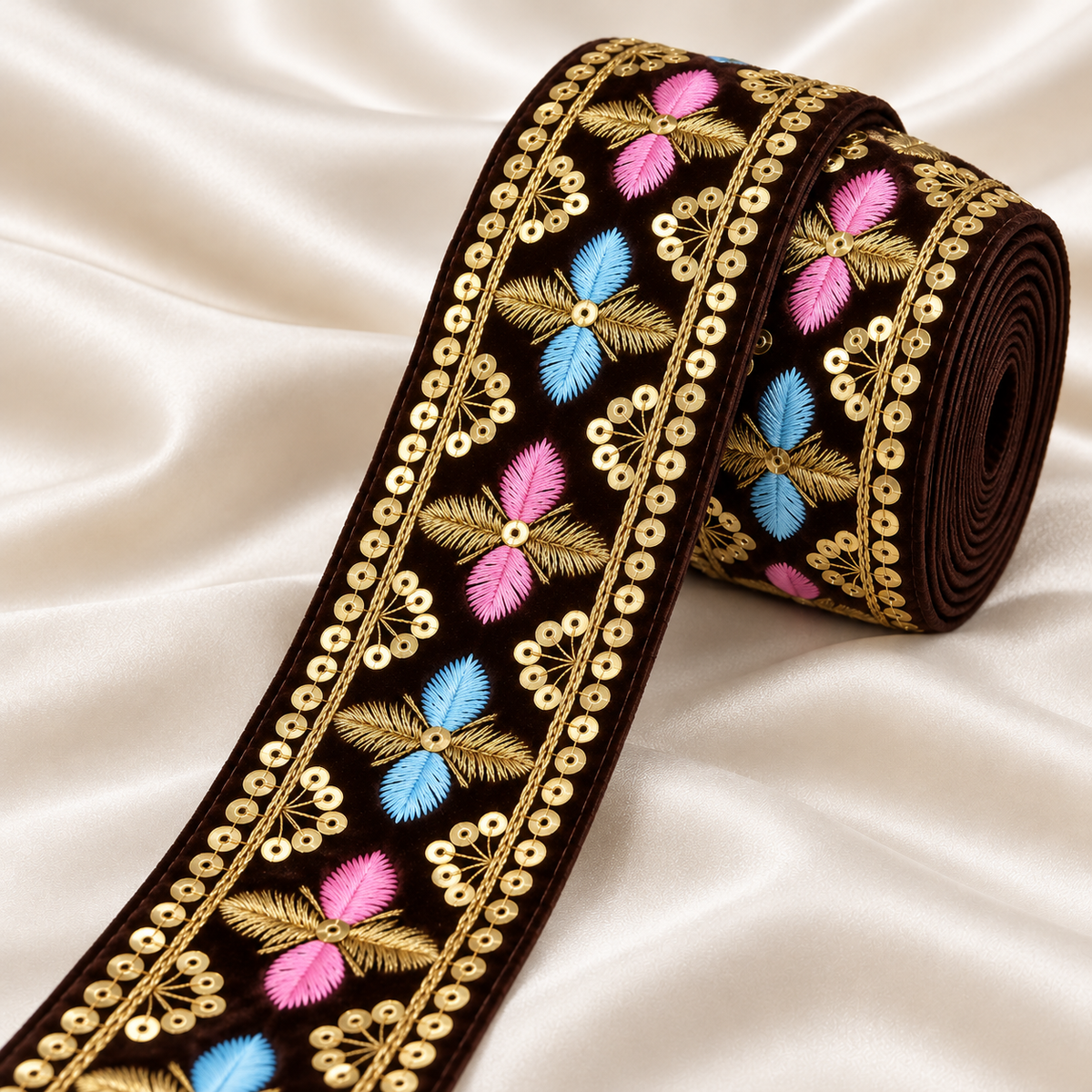 Premium Dark Chocolate Brown Velvet Lace Border with Golden Sequin Work & Pink Blue Floral Embroidery for Saree, Blouse, Lehenga & Dupatta