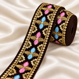 Premium Dark Chocolate Brown Velvet Lace Border with Golden Sequin Work & Pink Blue Floral Embroidery for Saree, Blouse, Lehenga & Dupatta