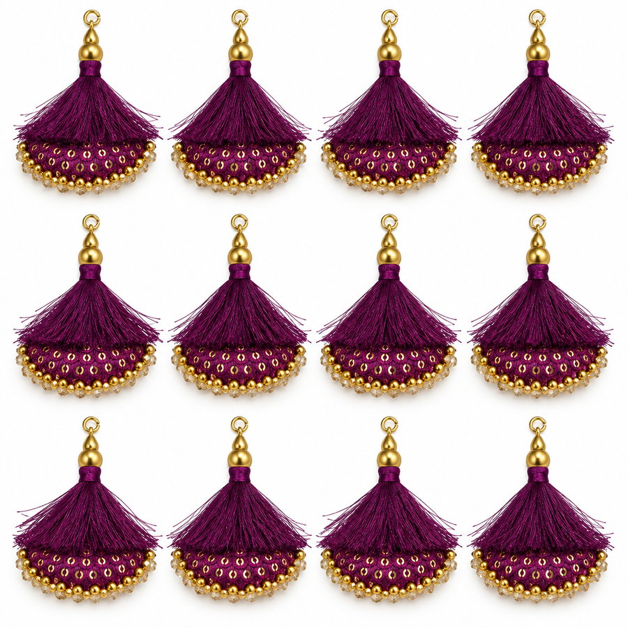 Designer Wine Purple Blouse & Lehenga Latkan with Golden Beads and Sequins – Pack of 12 Pieces (6 Pairs)