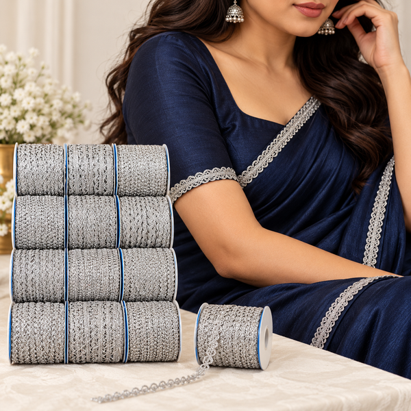 Silver Assorted Designer Lace Border for Saree, Blouse & Dupatta – 9 Meter Each, Pack of 12