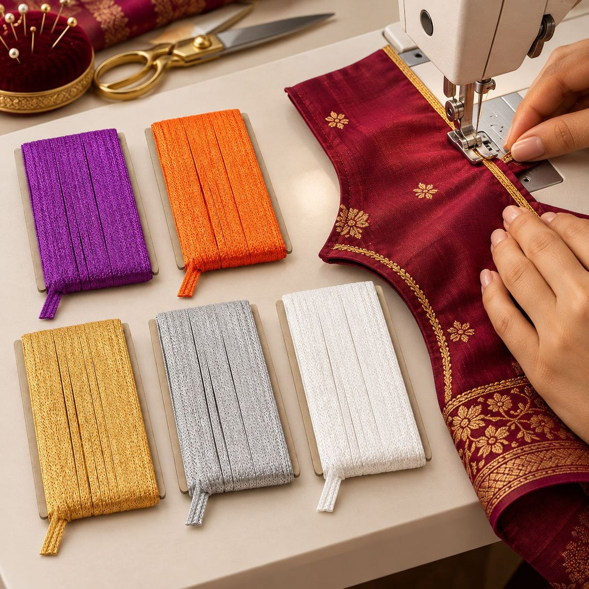 Blouse Piping Dori Pack of 5 Colours | Purple, Orange, Golden, Silver & White | Blouse & Dress Stitching