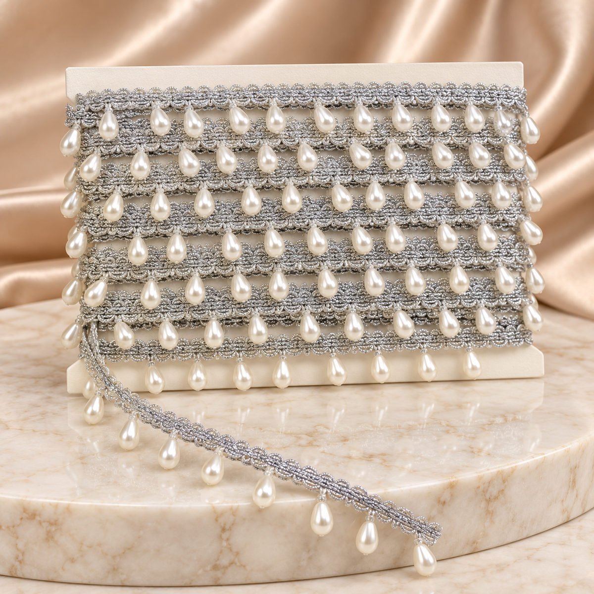 Premium Silver & White Pearl Teardrop Hanging Lace Border – 9 Meter | Designer Moti Latkan Lace for Saree, Blouse, Dupatta & Lehenga