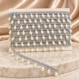 Premium Silver & White Pearl Teardrop Hanging Lace Border – 9 Meter | Designer Moti Latkan Lace for Saree, Blouse, Dupatta & Lehenga