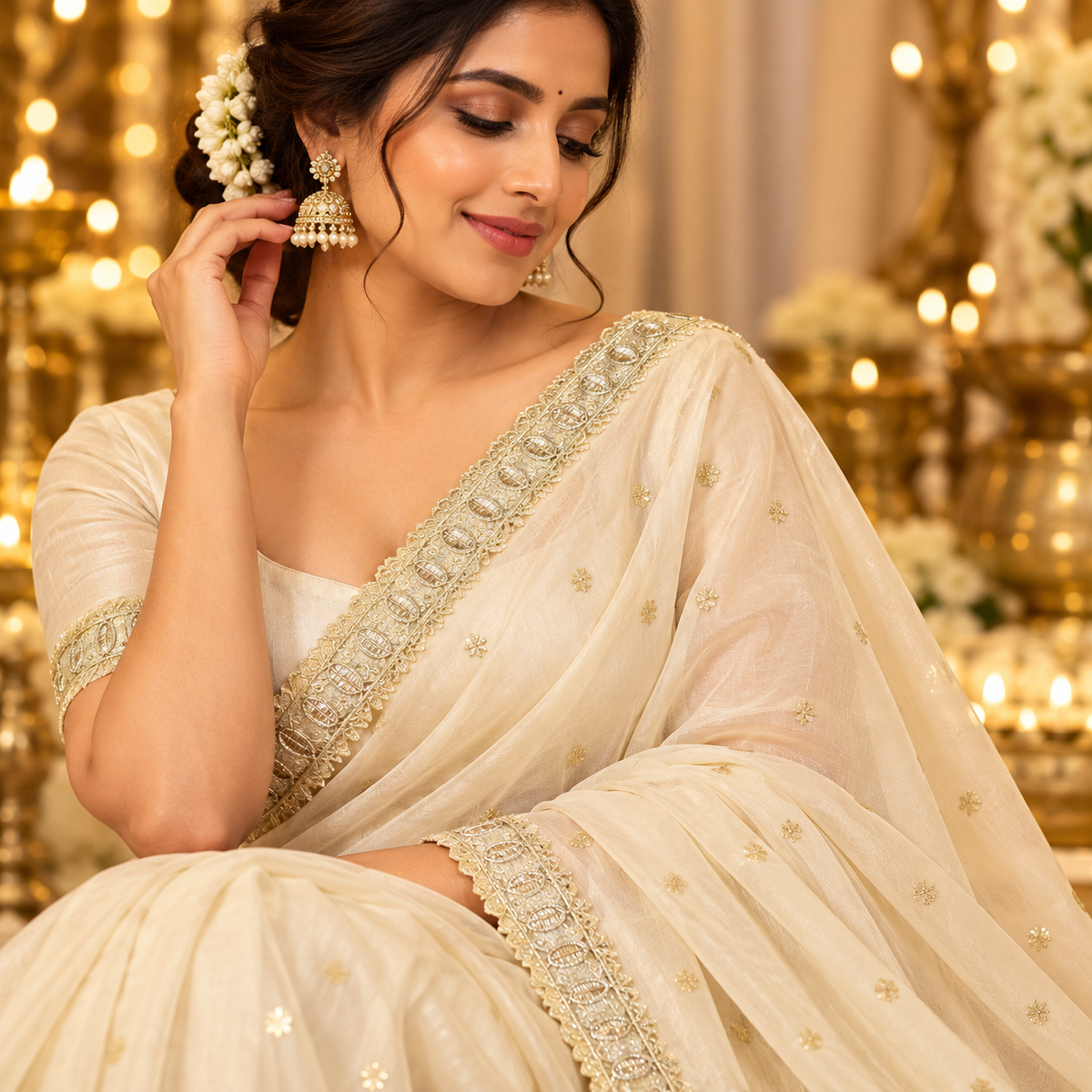 Premium Golden Floral Scallop Embroidery Lace Border for Saree, Blouse, Dupatta, Kurti & Lehenga – 9 Meter