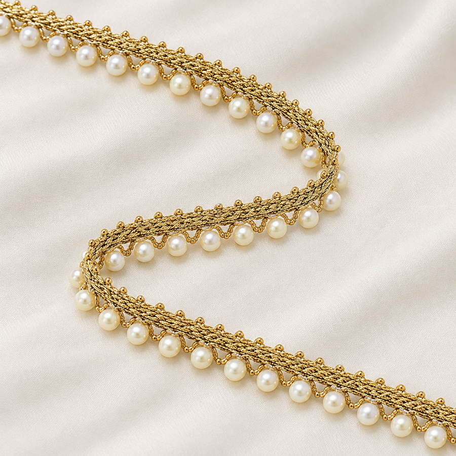Golden Pearl Beaded Hanging Lace Border for Saree, Blouse & Dupatta – 9 Meter