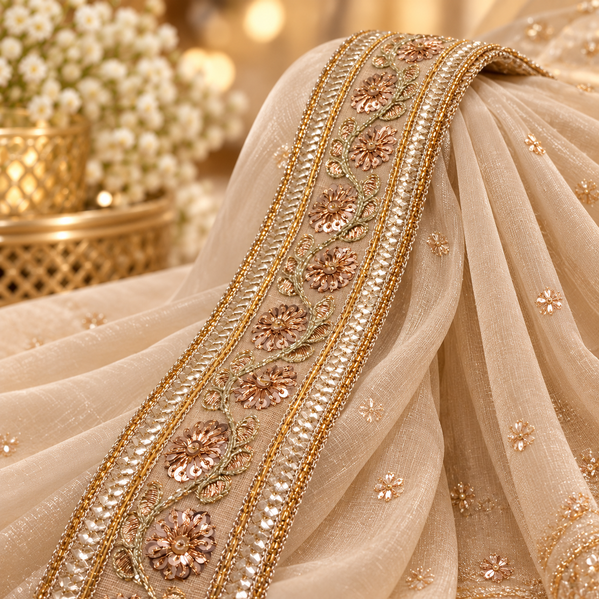 Premium Rose Gold Floral Sequin Embroidered Lace Border for Saree, Blouse, Dupatta, Lehenga & Kurti – Fancy Designer Lace