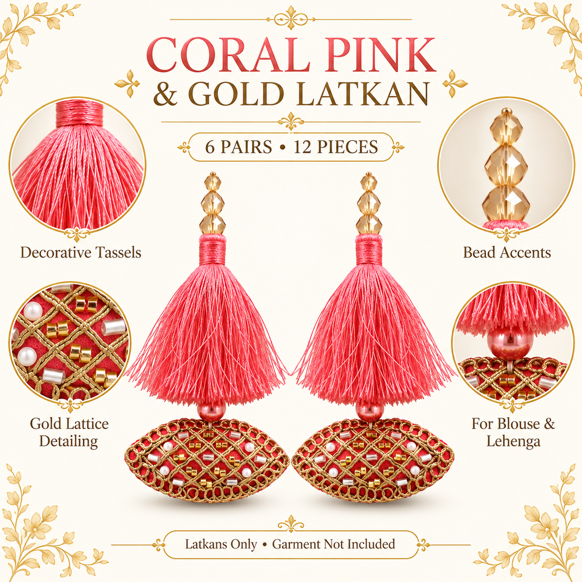 Coral Pink & Gold Decorative Tassel Latkan for Blouse & Lehenga – Pack of 12 Pieces, 6 Pairs