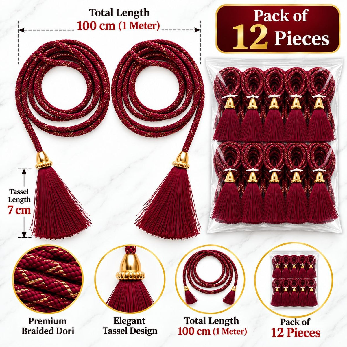 Maroon Blouse Dori with Tassel Latkan | 1 Meter Braided Dori | Pack of 12
