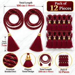 Maroon Blouse Dori with Tassel Latkan | 1 Meter Braided Dori | Pack of 12