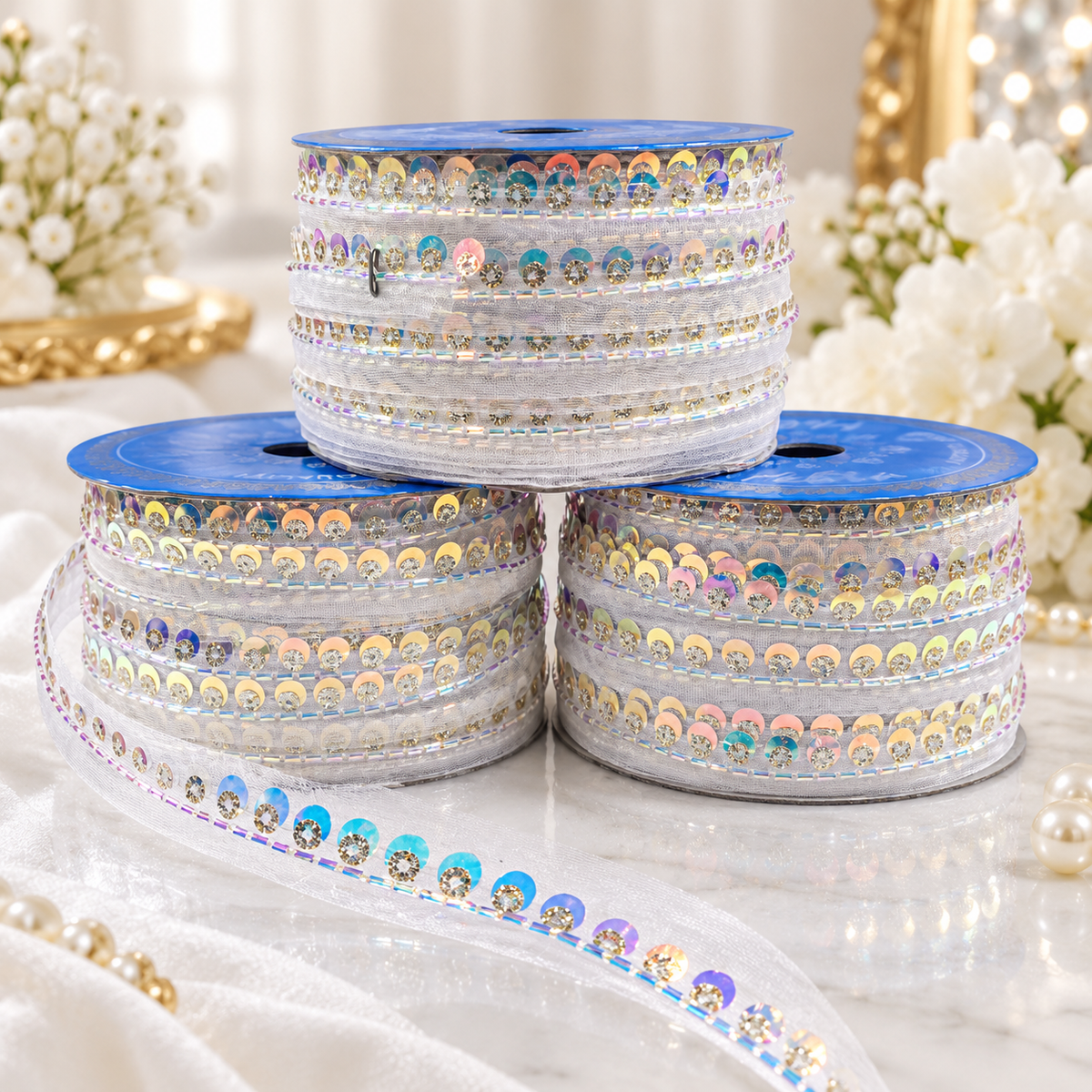 White Sequin & Bead Work Decorative Lace Border for Saree, Blouse & Dupatta – Pack of 3 Rolls, 9 Meters Each