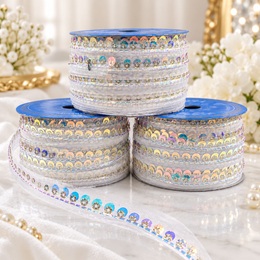 White Sequin & Bead Work Decorative Lace Border for Saree, Blouse & Dupatta – Pack of 3 Rolls, 9 Meters Each