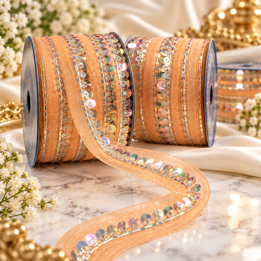 Peach Sequin & Bead Work Decorative Lace Border for Saree, Blouse & Dupatta – Pack of 3 Rolls, 9 Meters Each