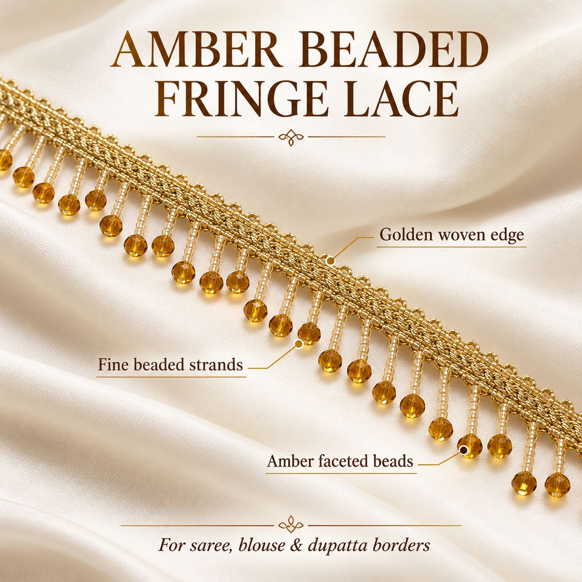 Premium Amber Golden Crystal Beaded Fringe Lace Border – 9 Meter | Designer Hanging Moti Lace for Saree, Dupatta, Blouse & Lehenga