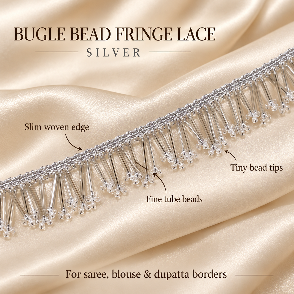 Premium Silver Bugle Bead Fringe Lace Border – 9 Meter | Designer Hanging Tube Bead Lace for Saree, Blouse, Dupatta & Lehenga
