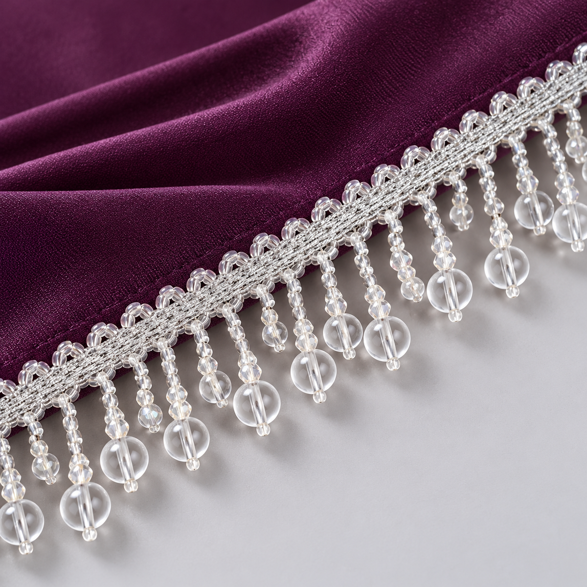Premium Silver Crystal Bead Hanging Fringe Lace Border with Transparent Round Beads for Saree, Blouse, Dupatta, Lehenga & Dress  9 Meter