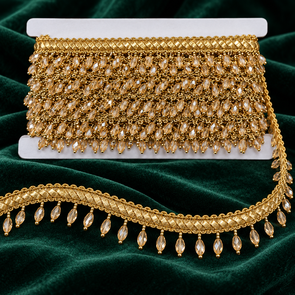 Premium Champagne Gold Oval Crystal Beaded Hanging Lace Border – 9 Meter | Designer Golden Fringe Lace for Saree, Dupatta, Blouse & Lehenga