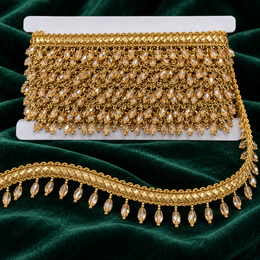 Premium Champagne Gold Oval Crystal Beaded Hanging Lace Border – 9 Meter | Designer Golden Fringe Lace for Saree, Dupatta, Blouse & Lehenga