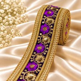 Premium Purple & Gold Floral Embroidery Lace Border with Golden Sequin Work for Saree, Lehenga, Blouse, Dupatta & Bridal Wear – 9 Meter