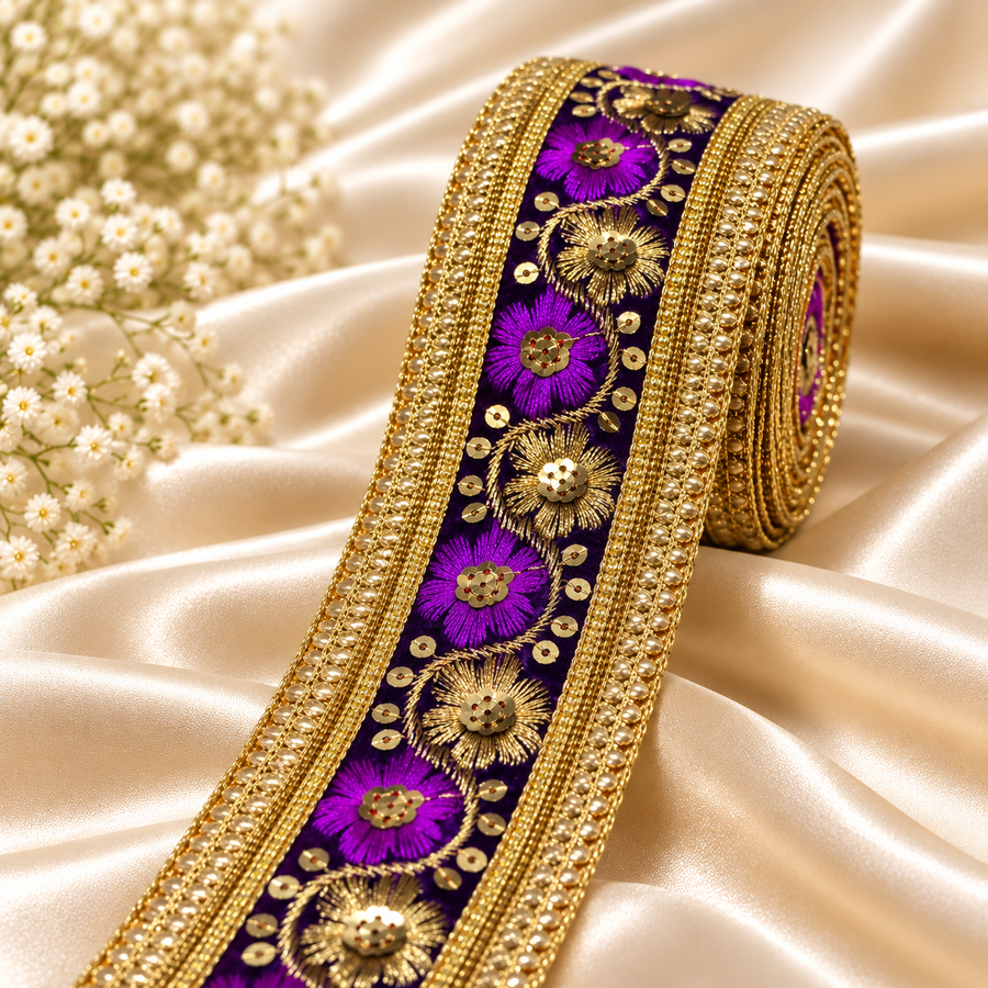 Premium Purple & Gold Floral Embroidery Lace Border with Golden Sequin Work for Saree, Lehenga, Blouse, Dupatta & Bridal Wear – 9 Meter