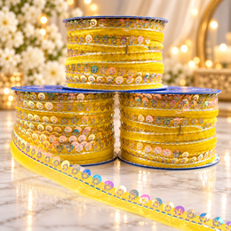 Yellow Sequin & Bead Work Decorative Lace Border for Saree, Blouse & Dupatta – Pack of 3 Rolls, 9 Meters Each